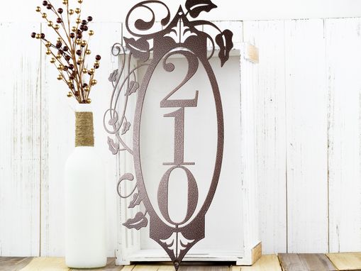 Custom Made Vertical Metal House Number Sign, Vines, 3 Digit - Copper Vein Shown
