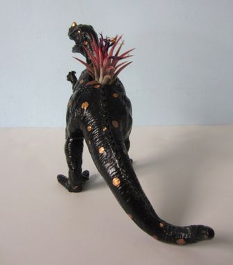 Custom Made Upcycled Toy Planter - Black T-Rex With Gold Spots And Air Plant