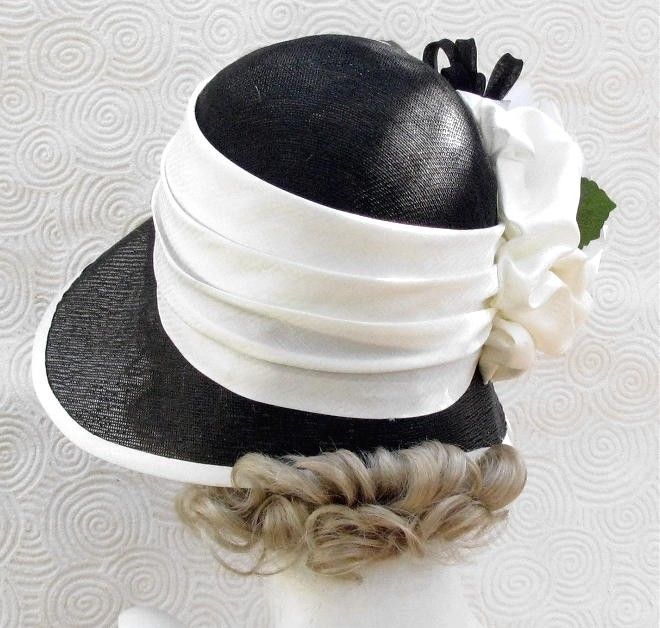Custom Made Vintage 20s Black And White Hat Cloche Wide Brim Large ...