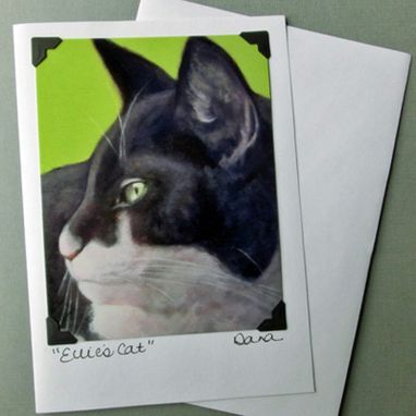 Custom Made Cat Art Postcard Greeting Card Combination - Black And White Cat With Green Eyes On Lime Background