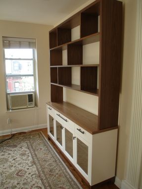 Custom Made Walnut And White Lacquer, Bookshelf, And Cabinet