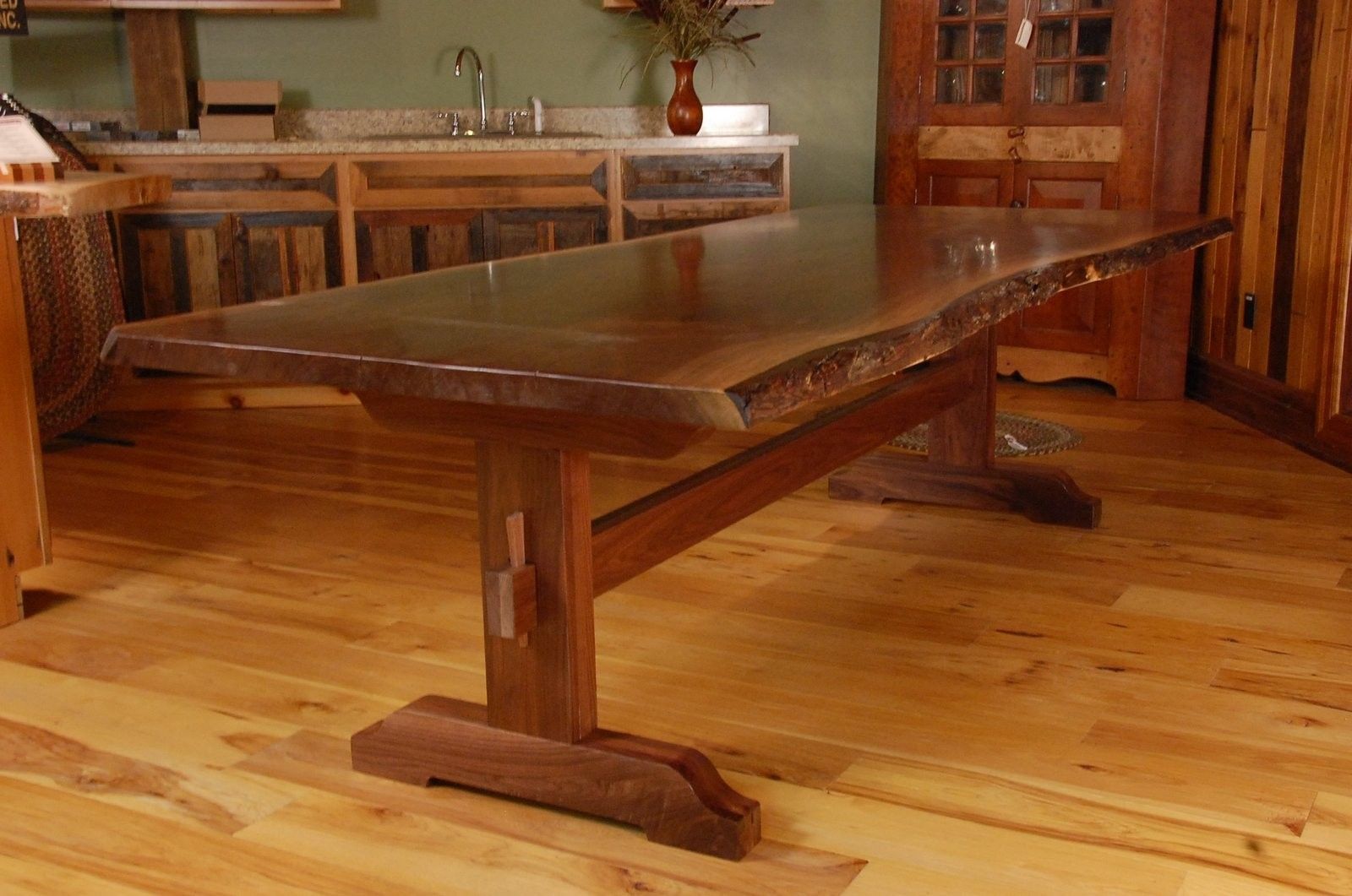 Hand Crafted Live Edge Walnut Slab Trestle Dining Table by Corey Morgan