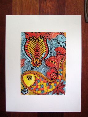 Custom Made Fish Fine Art Print- Yellow Orange Blue Ink And Acrylic Painting