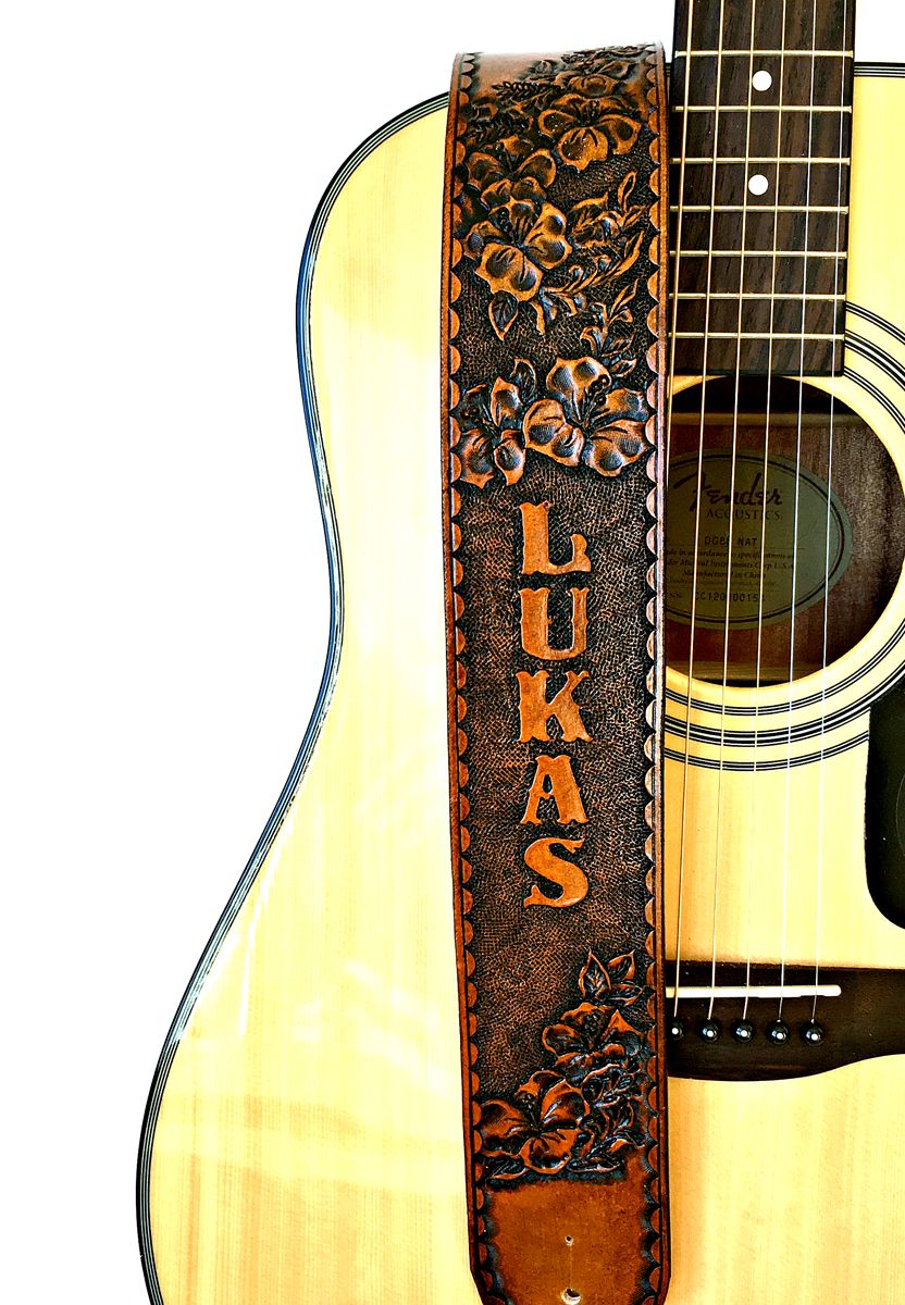 Buy a Hand Crafted Hibiscus Flower Custom Leather Guitar