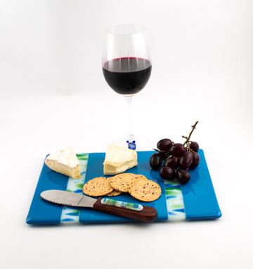 Custom Made Blue Fused Glass Cheese Tray, Cheese Board, Matching Knife