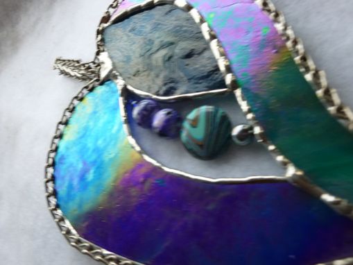 Custom Made Blue, Purple, And Teal Stained Glass Heart With Beads And Crystals