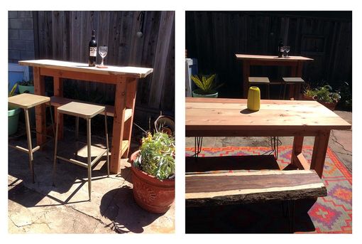 Custom Made Outdoor Redwood Farm Table And Matching Bar With Live Edge Redwood Top