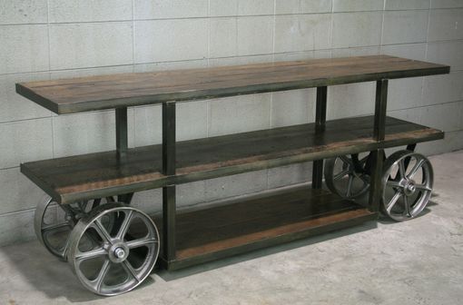 Custom Made Industrial Trolley Cart/ Media Console, Reclaimed Wood Tv Stand, Rustic Console Table. Sofa Table