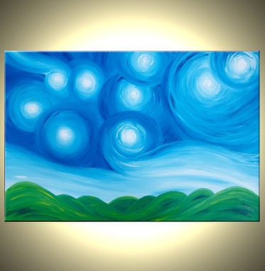 Custom Made Original Acrylic Art, Blue Green Painting, Modern Abstract Landscape, Textured Starry Night