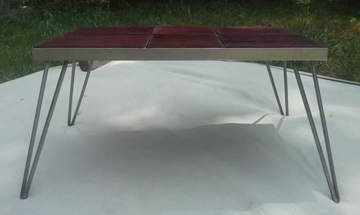 Custom Made Reclaimed Purple Heart Coffee Table With Steel Base And Hairpin Legs