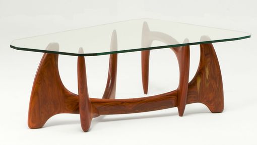 Custom Made Coffee Table, Glass Top, Mid Century Modern, Handmade Wood Base