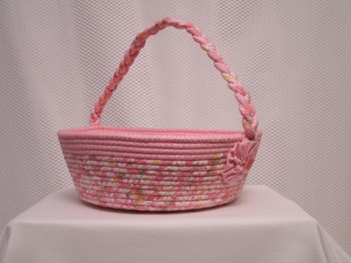 Custom Made Cloth Basket W/Handle - Coiled - Clothesline Handwrapped In Fabric. Medium Round -Pink.