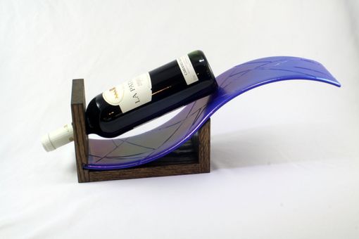 Custom Made Iridescent Blue Wine Bottle Holder With Oak Base