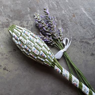 Custom Made Lavender Filled Handwoven Jacquard Wand Basket Embroidered Blue & Pink Flowers On White