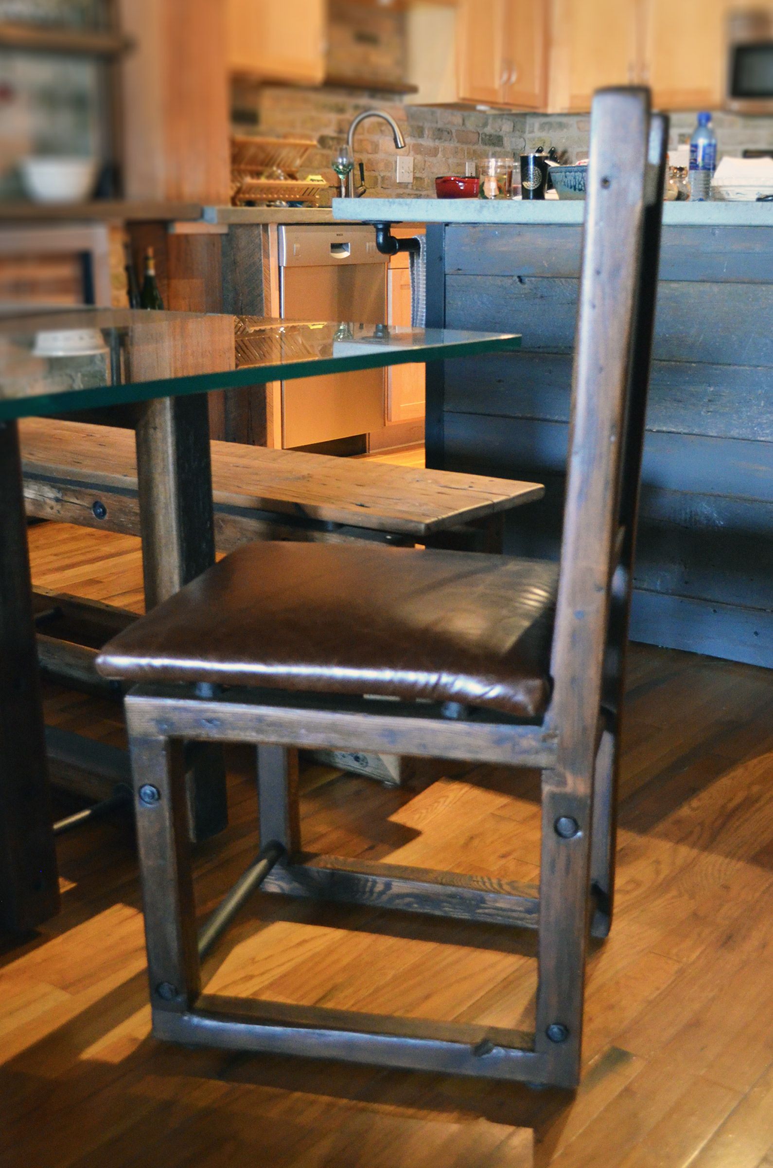 Hand Crafted Industrial Rustic Table Bench And Chairs Dining Set by Abodeacious