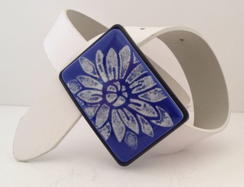 Custom Made White Flower On Bright Deep Blue Fused Glass Belt Buckle
