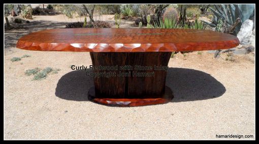 Custom Made Live Edge Wood Slab Curly Redwood Dining Table With Stone Inlay