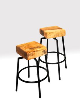 Custom Made Figured Maple Butcher Block And Metal Spinning Stools
