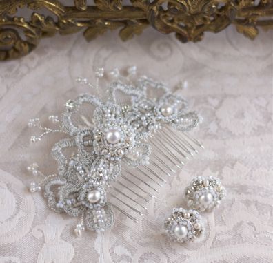 Custom Made Custom Lace And Pearl Iris Hair Ornament With Matching Stud Earrings
