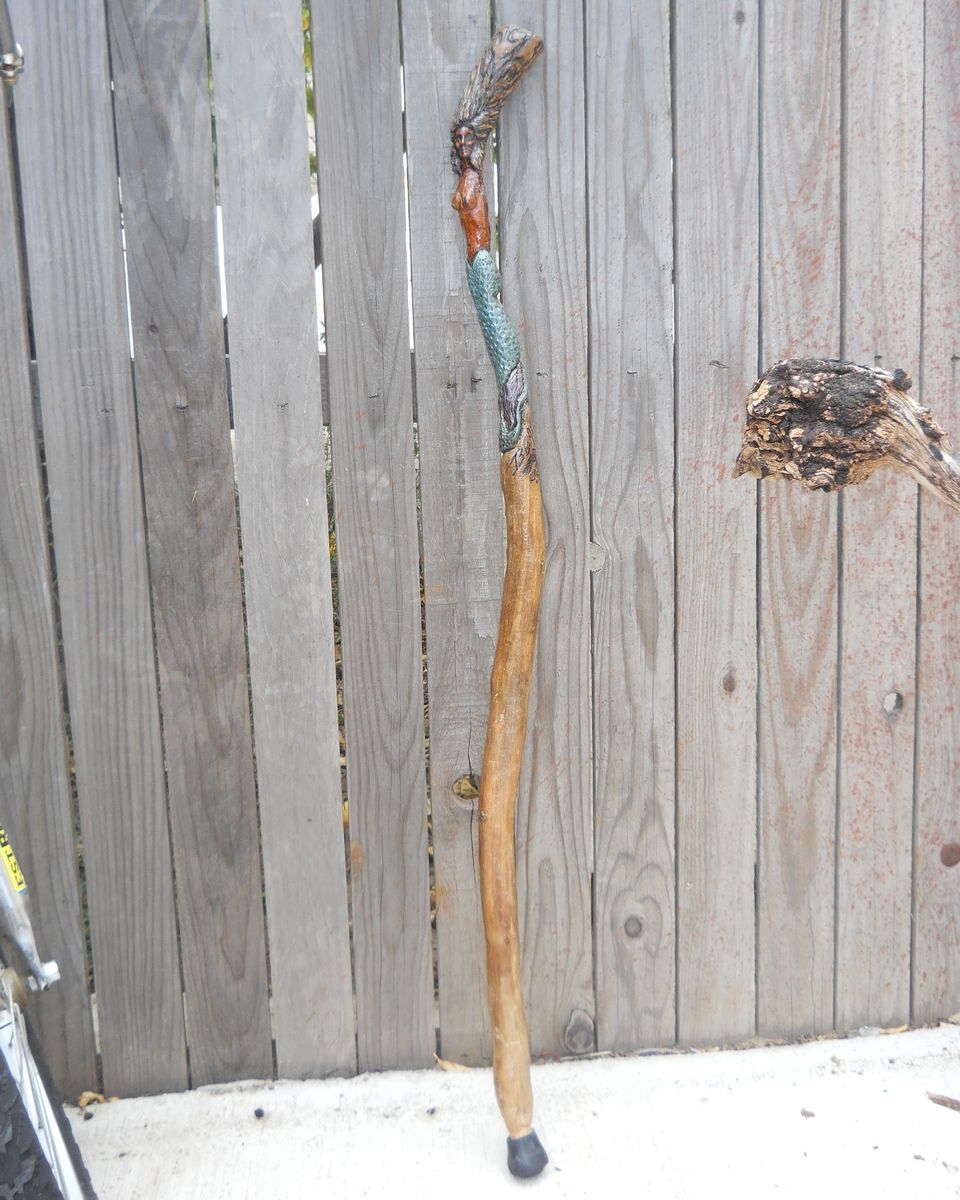 Custom Vintage Carved Wood Mermaid Walking Stick by One Of A Kind Wood ...