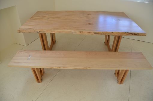 Custom Made Curly Maple Live Edge Table And Bench With Inlay