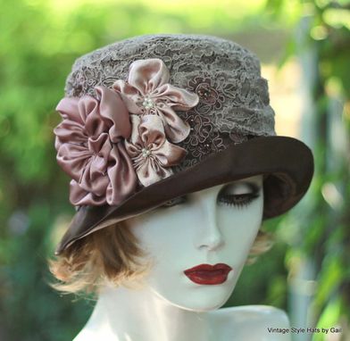 Custom Made Edwardian Vintage Style Wedding Hat In Taupe Mauve Lace With Handmade Flowers