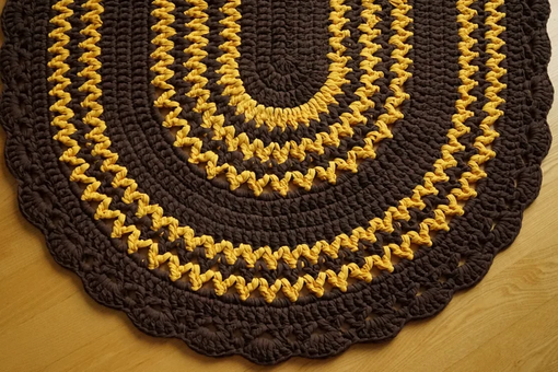 Custom Made Large Dark Brown Oval Crochet Rug With Yellow Stripes