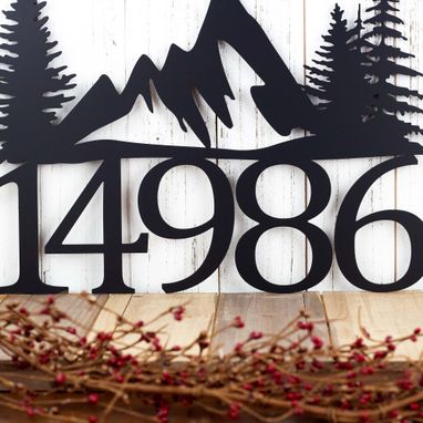 Custom Made House Number Plaque With Mountains And Pine Trees, Metal Sign, Cabin Signs, Lake House Decor, Rustic