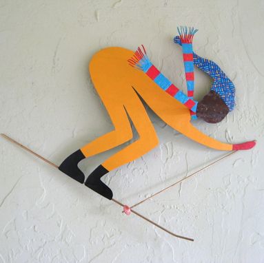 Custom Made Handmade Upcycled Metal Skier In Yellow Wall Art Sculpture