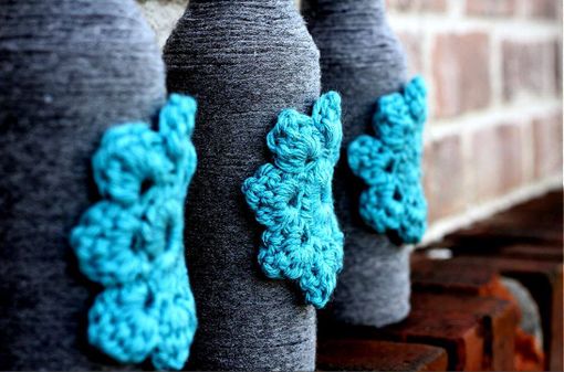 Custom Made Yarn Wrapped Bottles Grey And Teal Crochet Flower