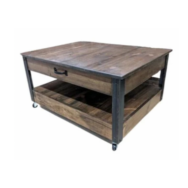 Custom Made Rustic Industrial Reclaimed Wood Coffee / Cocktail Table W/ Drawer On Casters / Wheels