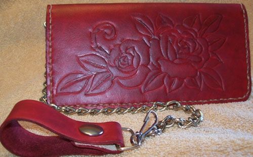 Custom Made Custom Leather Biker Wallet With Roses, Personalization And In Cranberry Red