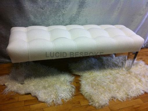 Custom Made Hollywood Regency Made To Order Upholstered Tufted Bench Lucite Legs