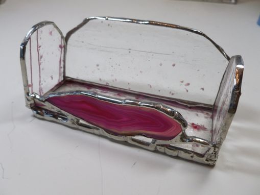 Custom Made Stained Glass Business Card Holder With Pink Brazilian Agate