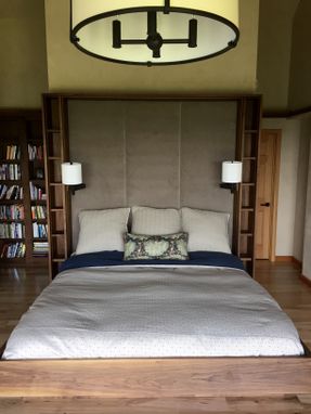 Custom Made Floating Walnut Bed, Shelving And Upholstered Headboard
