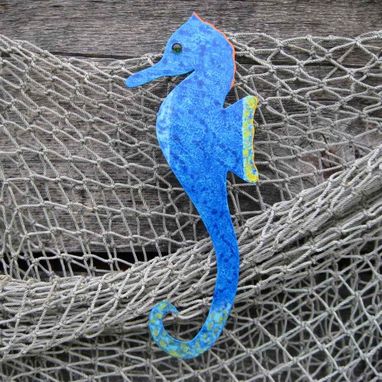 Custom Made Handmade Upcycled Metal Blue Seahorse Wall Art Sculpture