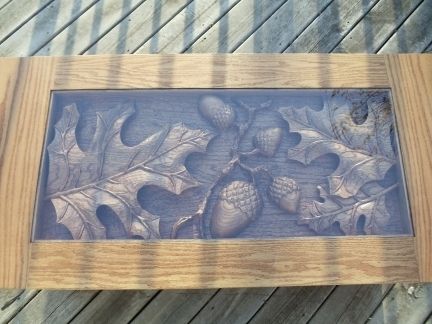 Custom Made Oak Coffee Table, Oak Leaf & Acorn Scene, Hand Carved By Scott, Lazy River Studio