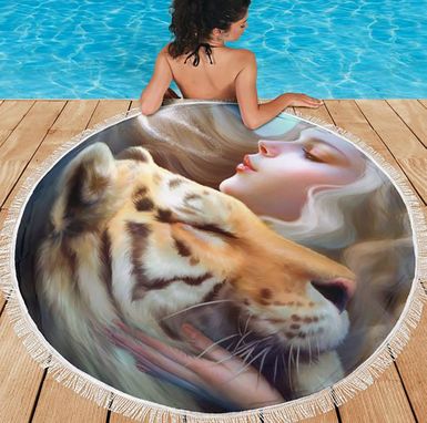 Custom Made Summer Beach Towel Vacation Pool Beach Blanket Fantasy Tiger Love Towel