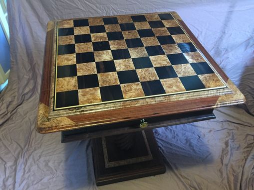 Custom Made Custom Chess Table In Kingwood, Ebony, Maple Burl, And Walnut