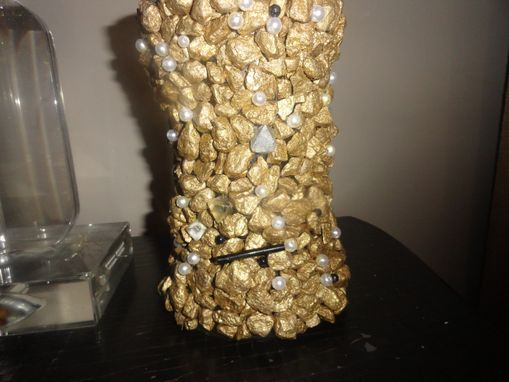 Custom Made Gold Nugget Vase W/Black & White Pearl Beads