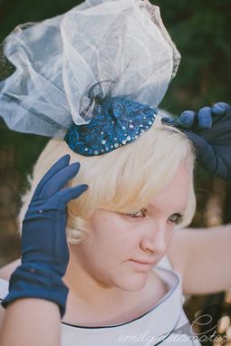 Custom Made Raquel - Beaded Blue Brocade Fascinator With Tulle Handmade From Vintage Materials