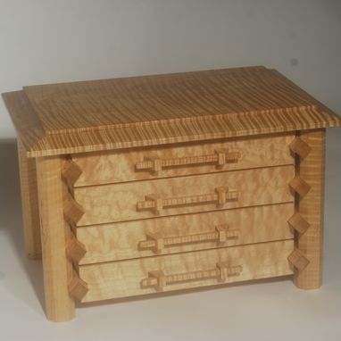 Custom Made Pagoda Style Jewelry Box In Quilted And Curly Maple