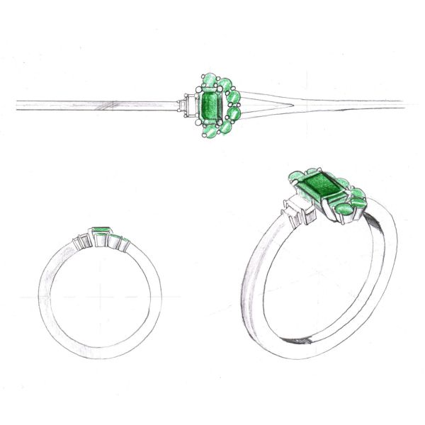 Design sketch for thie beautiful, asymmetrical emerald and diamond ring.