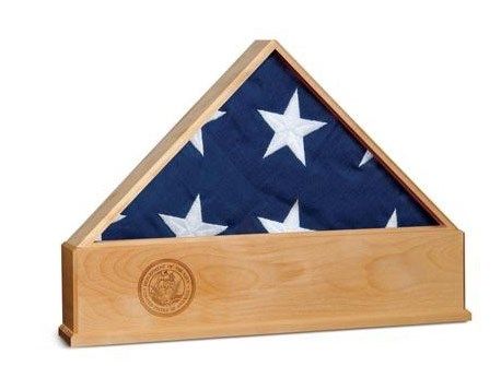 Custom Made Oak Us Flag Display Case With Engraved Navy Emblem