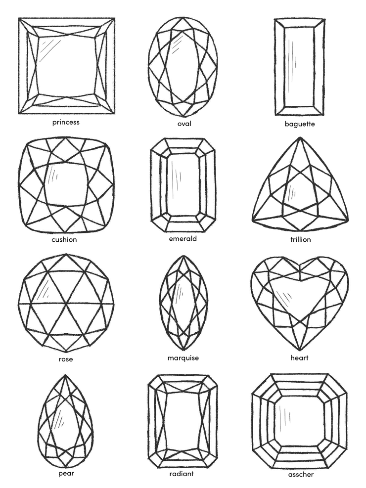 Diamonds are often cut in an array of fancy shapes. Some of the more popular shapes are shown here, and many more are possible.