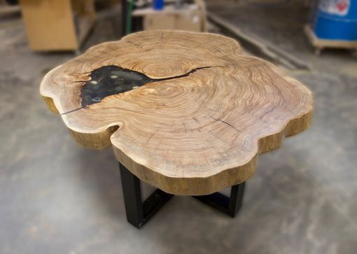 Custom Made Cross Cut Disc End Grain Elm Table With Inlay River Rock Black Base