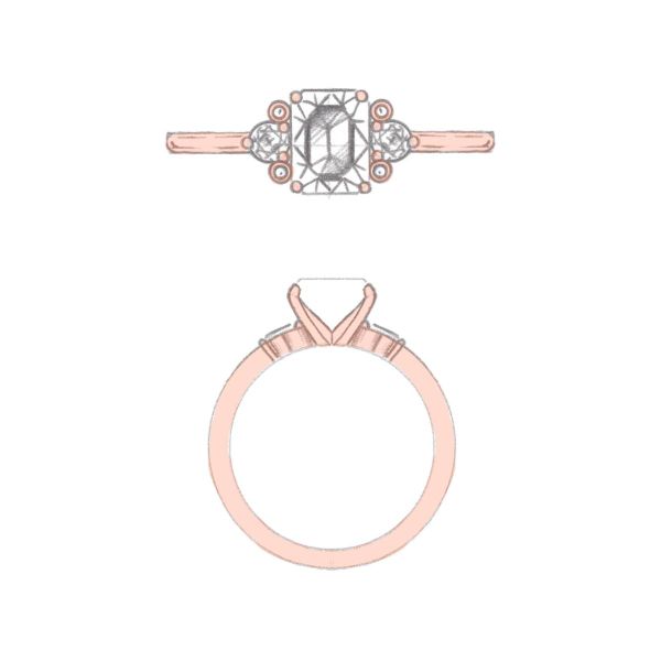 The groups of tiny stones around the center diamond in this rose gold ring create a sparkling display.