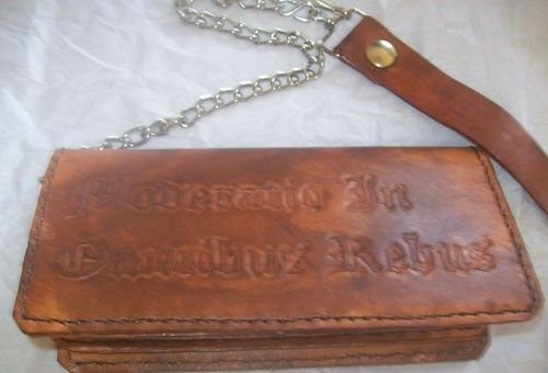 Custom Made Custom Leather Biker Wallet With Old English Latin Text In Weathered Color