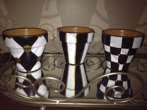 Custom Made Hand Painted Black And White Terra Cotta Pots - Set Of 3