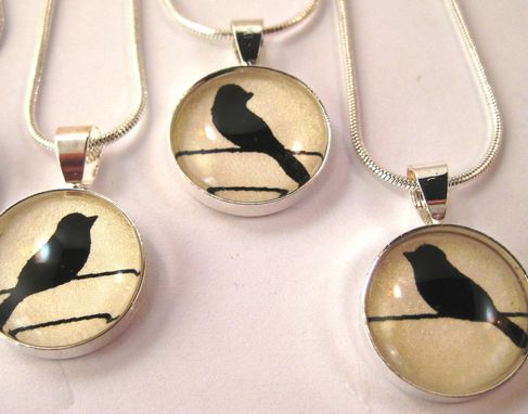 Custom Made Small Glass Pendant With Blackbird Silhouette Design On Silver Snake Chain Necklace